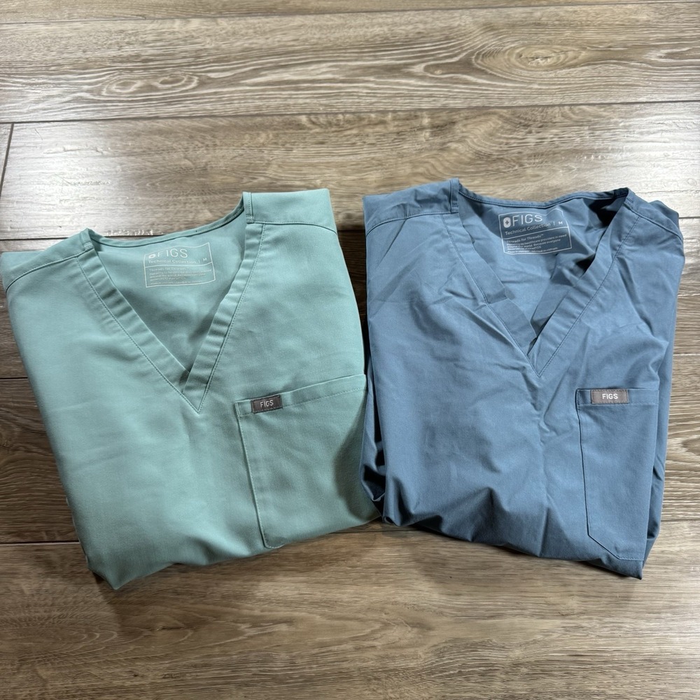 FIGS Women's Scrub Top LOT OF 2: Baby Blue & Green Nurse Wear Hospital
